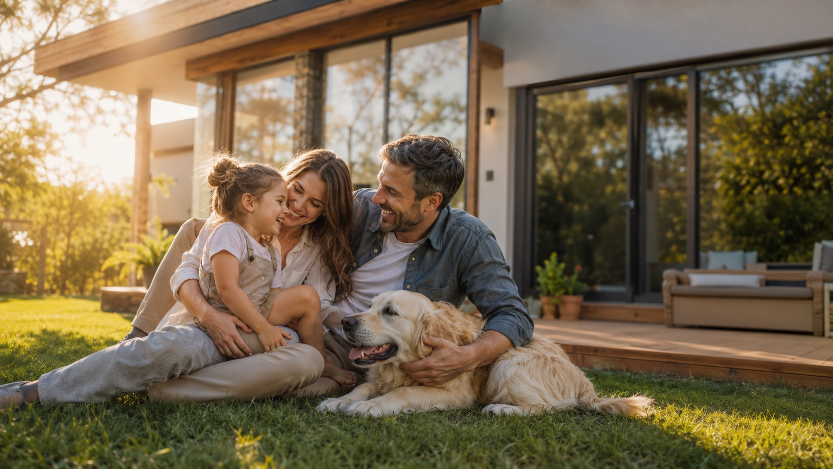 Familie mit Hund vor dem eigenen Zuhause
